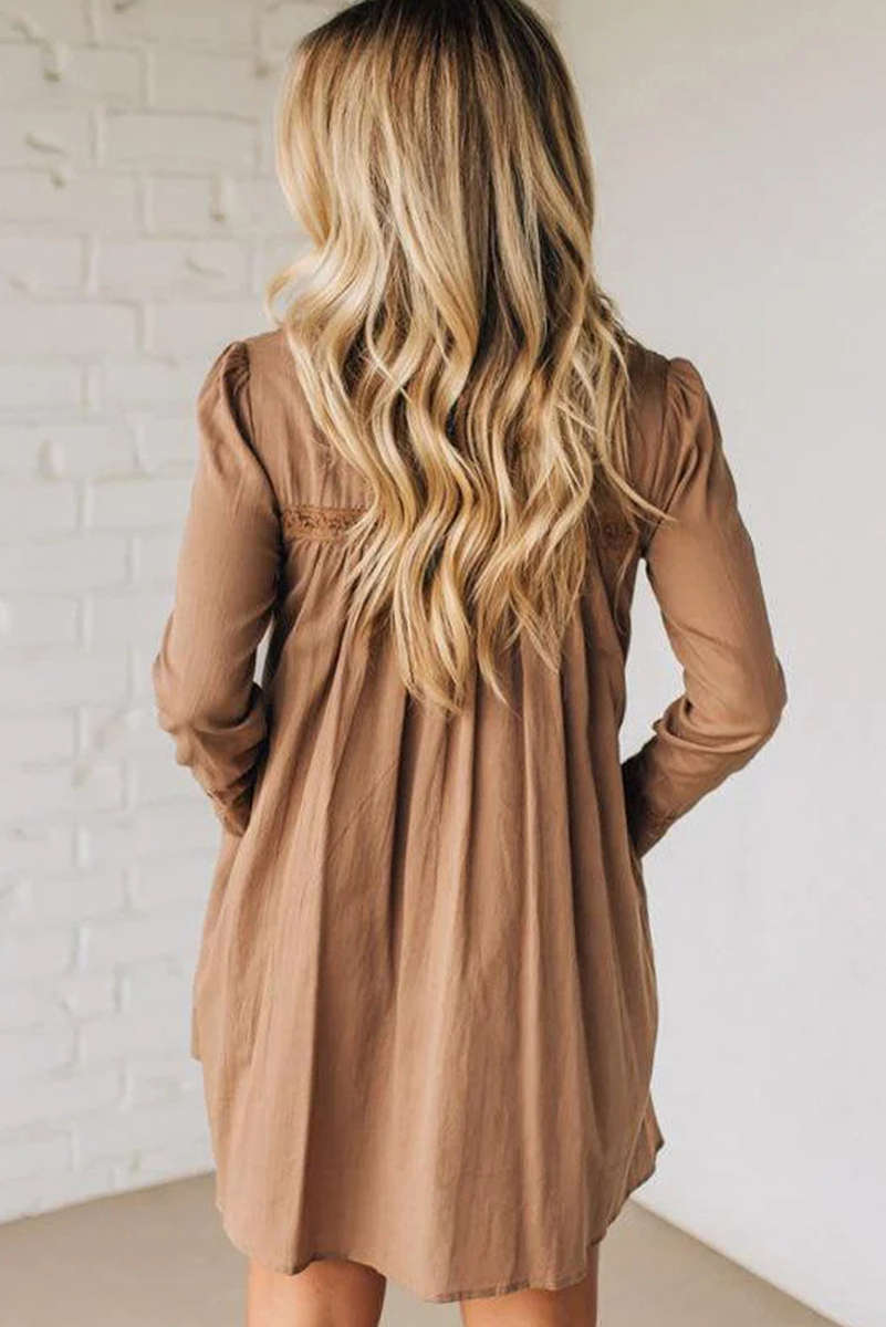 Straw Yellow Lace Trim Peter Pan Collar Long Sleeve Mini Shirt Dress