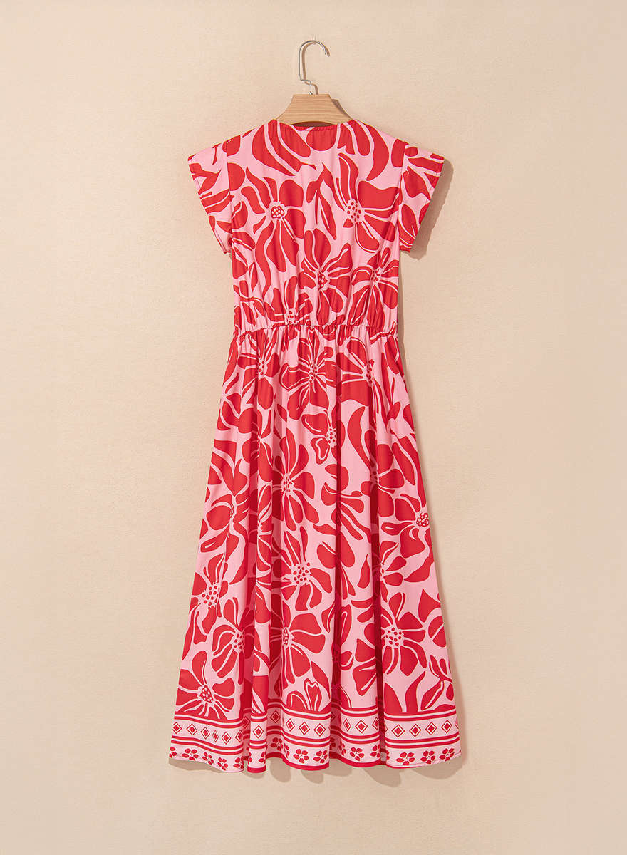 Red Boho Floral Short Sleeve V Neck Buttoned Shirred Waist Long Dress