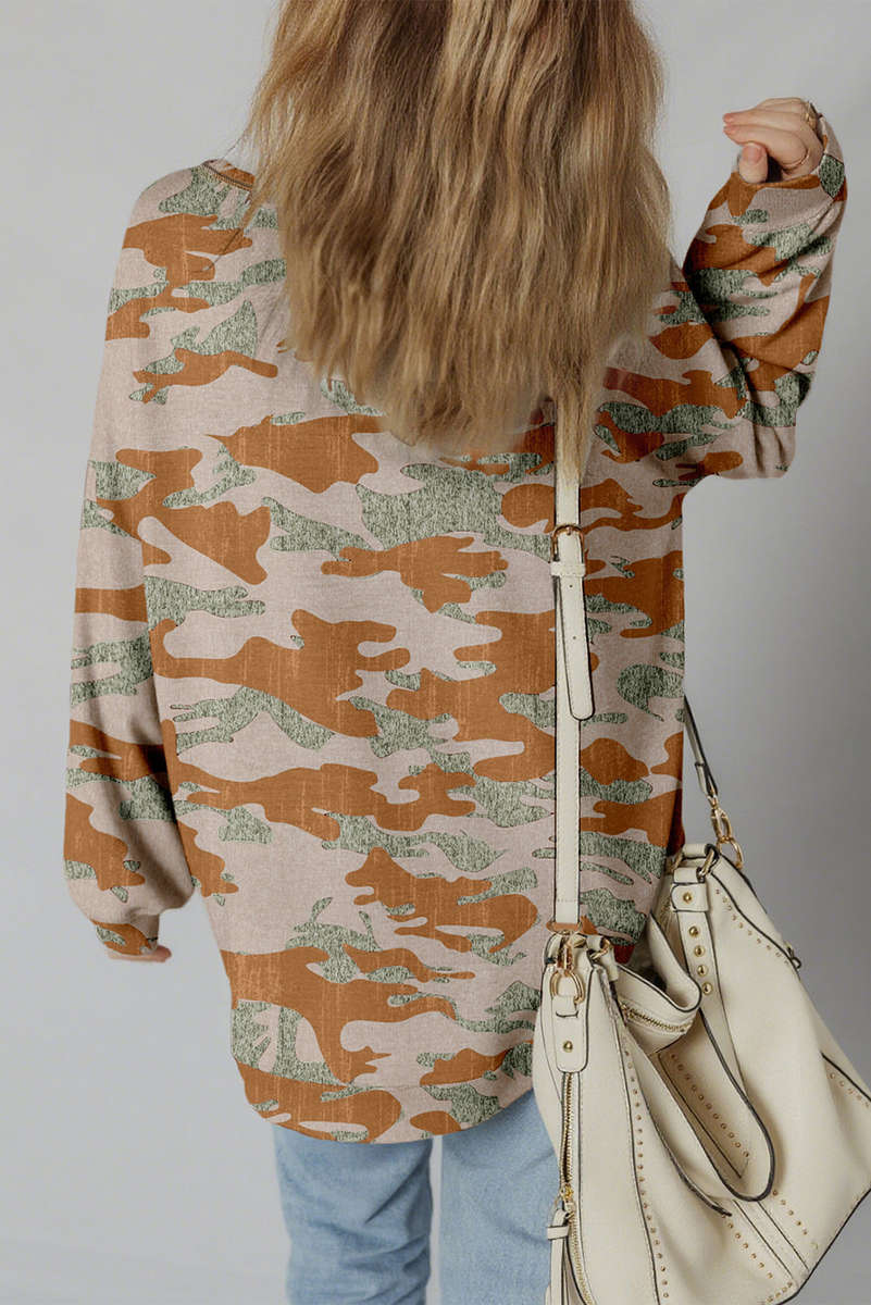 Brown Retro Camouflage Print Exposed Seam Patchwork Drop Shoulder Sweatshirt