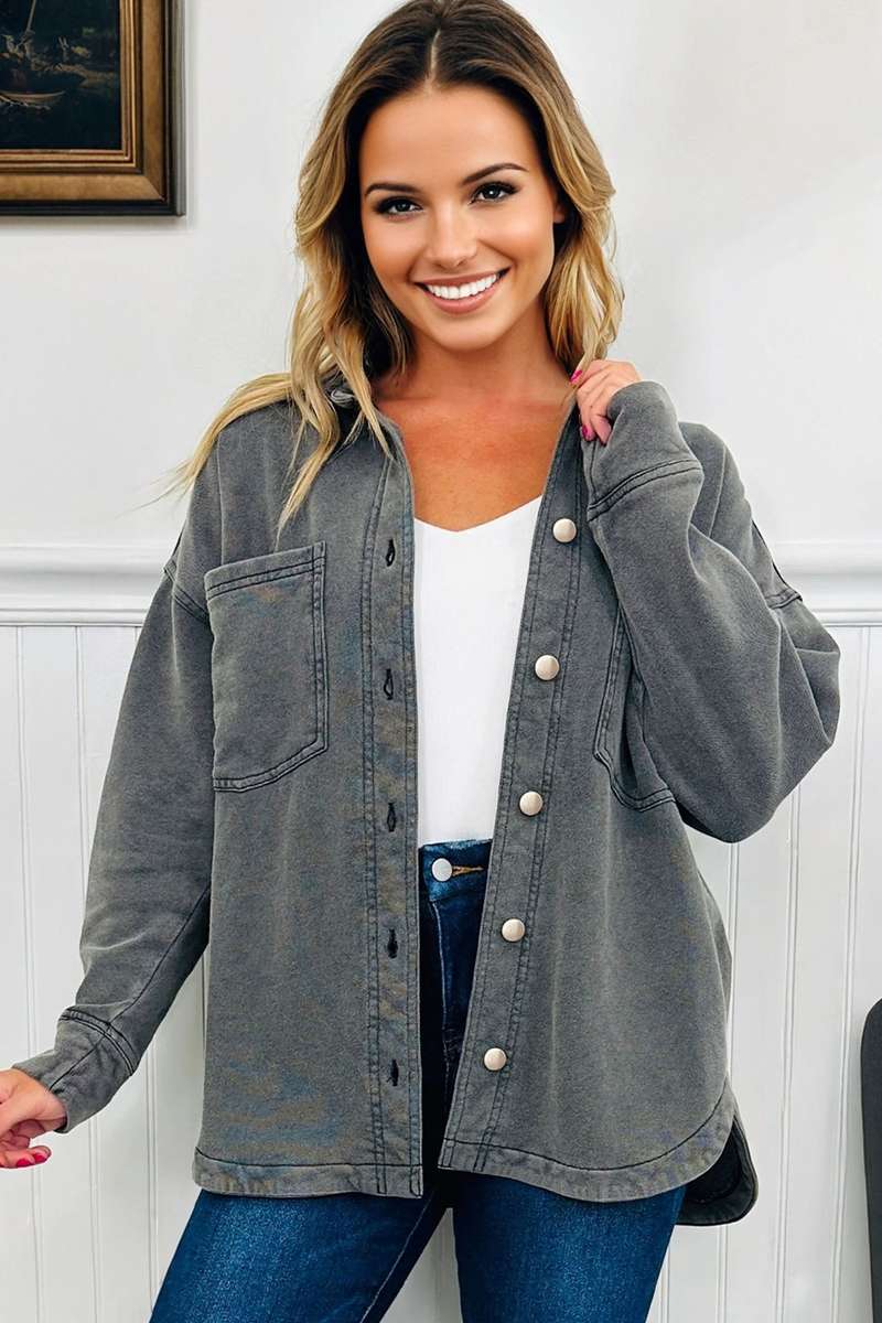 Medium Grey Mineral Wash Chest Pockets Drop Shoulder Shacket with Side Slit