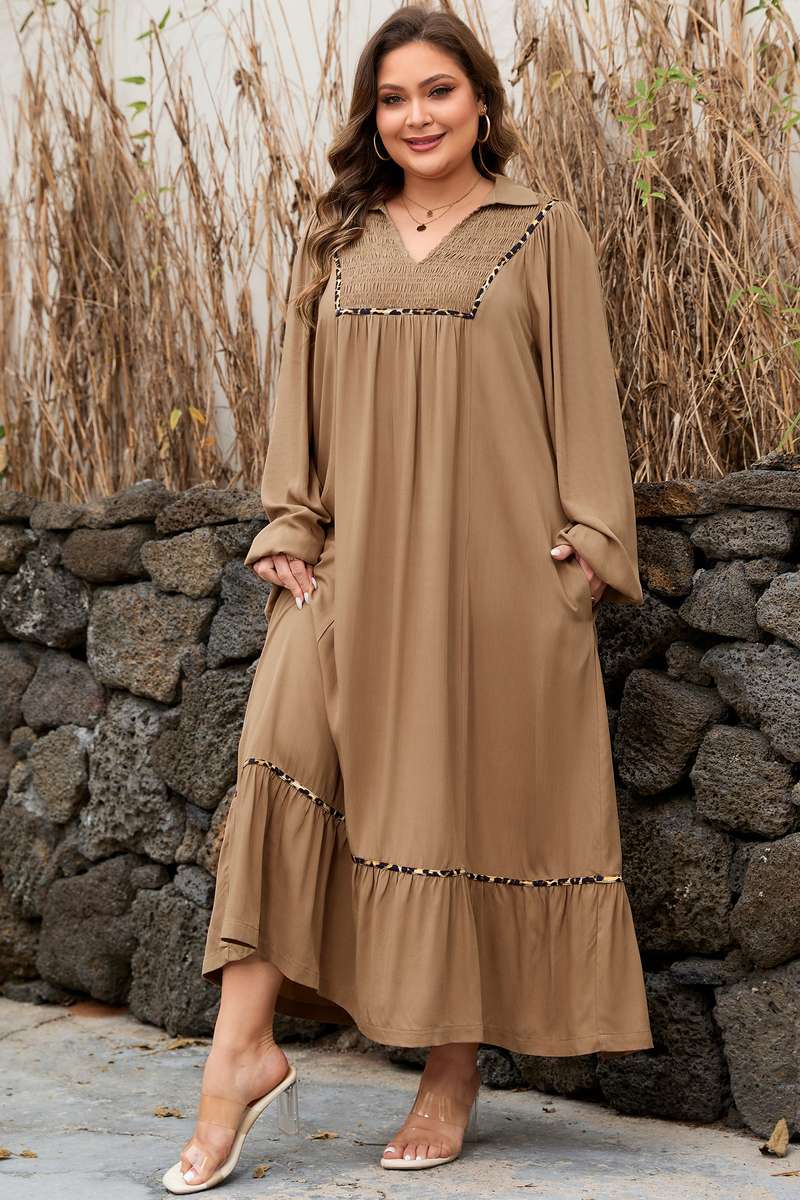 Chestnut Smocked V Neckline Leopard Piping Accent Bracelet Plus Size Long Dress