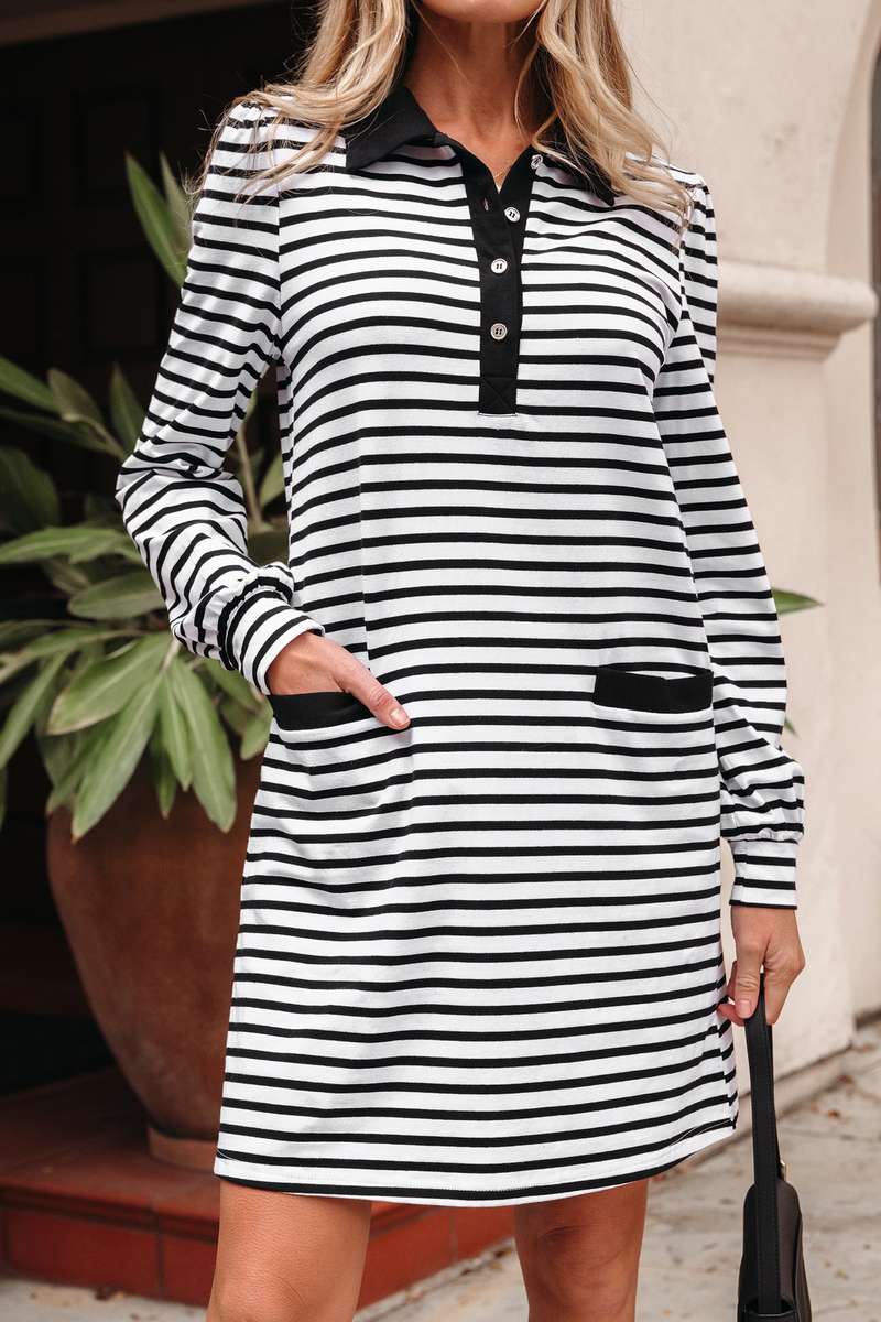 White Stripe Buttoned Front Collared Long Sleeve T Shirt Dress with Pockets