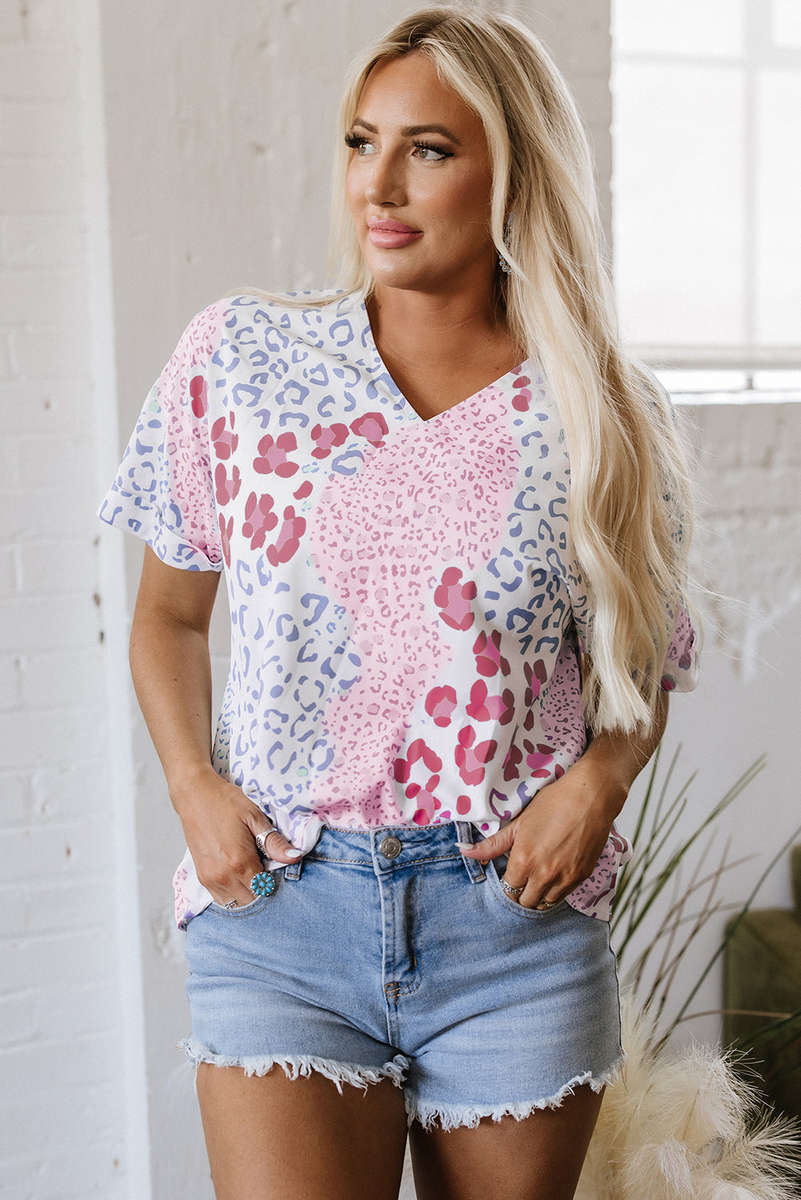 Pink Mixed Leopard Print V Neck Short Sleeve Blouse