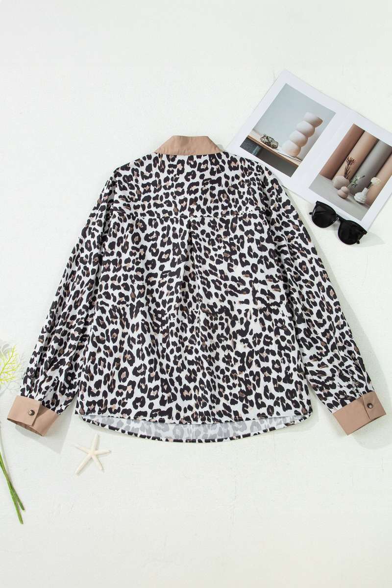 Multicolour Leopard Print Contrast Trim Button Split Neck Plus Long Sleeve Top