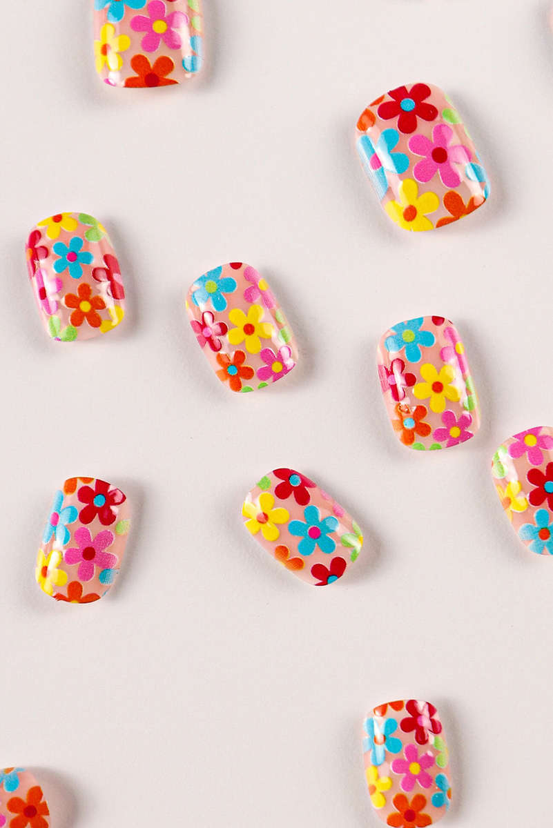 Pink Cute Flowers Print Press On False Nails