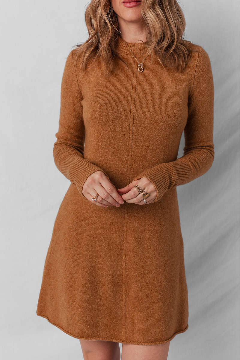 Straw Yellow Ribbed Detail Solid Color Mini Sweater Dress