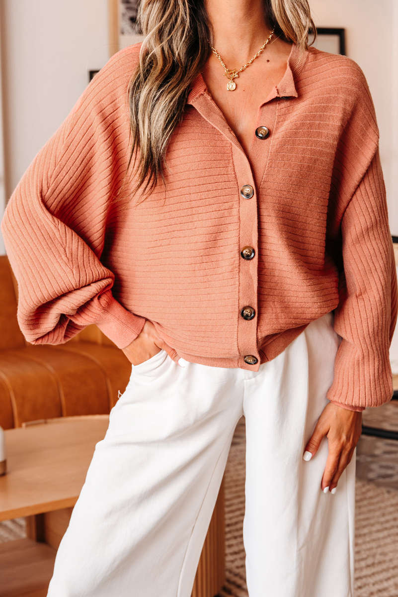 Apricot Pink Wide Rib Knit Button Front Dolman Sleeve Sweater Cardigan