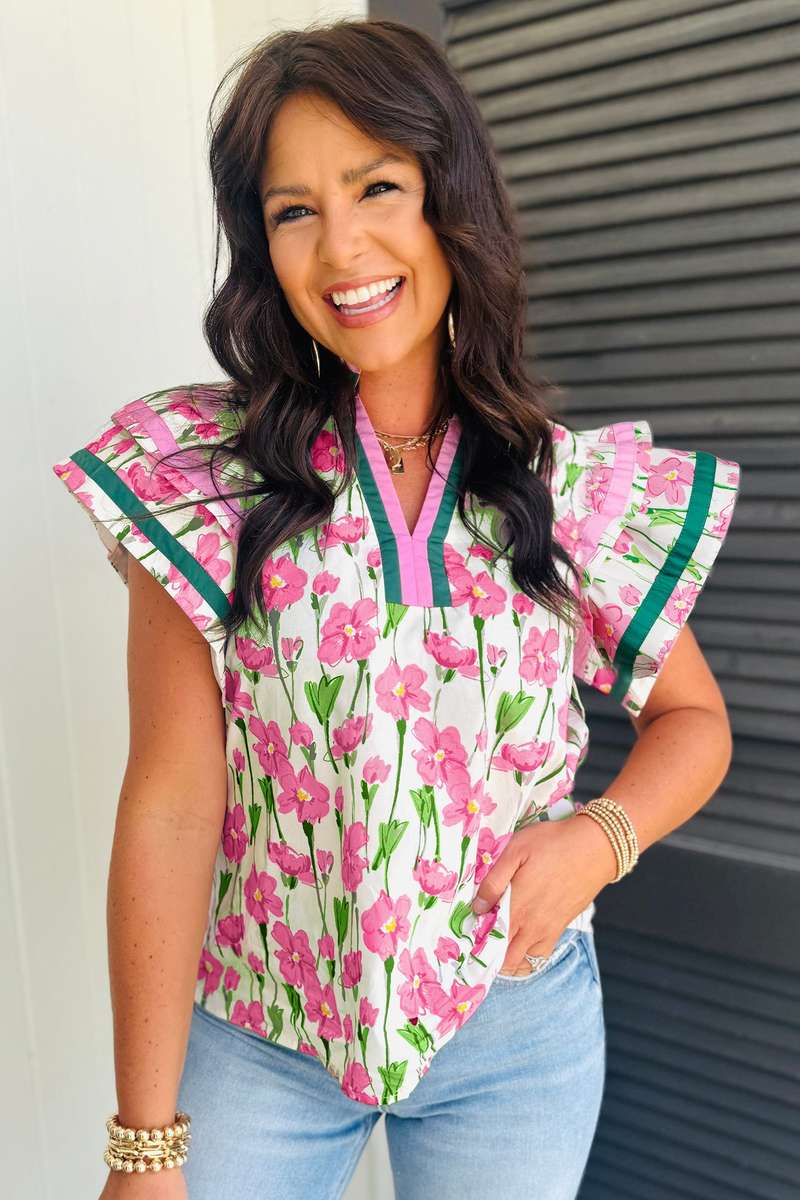 Pink Floral Print Contrast Trim V Neck Double Ruffled Short Sleeve Blouse