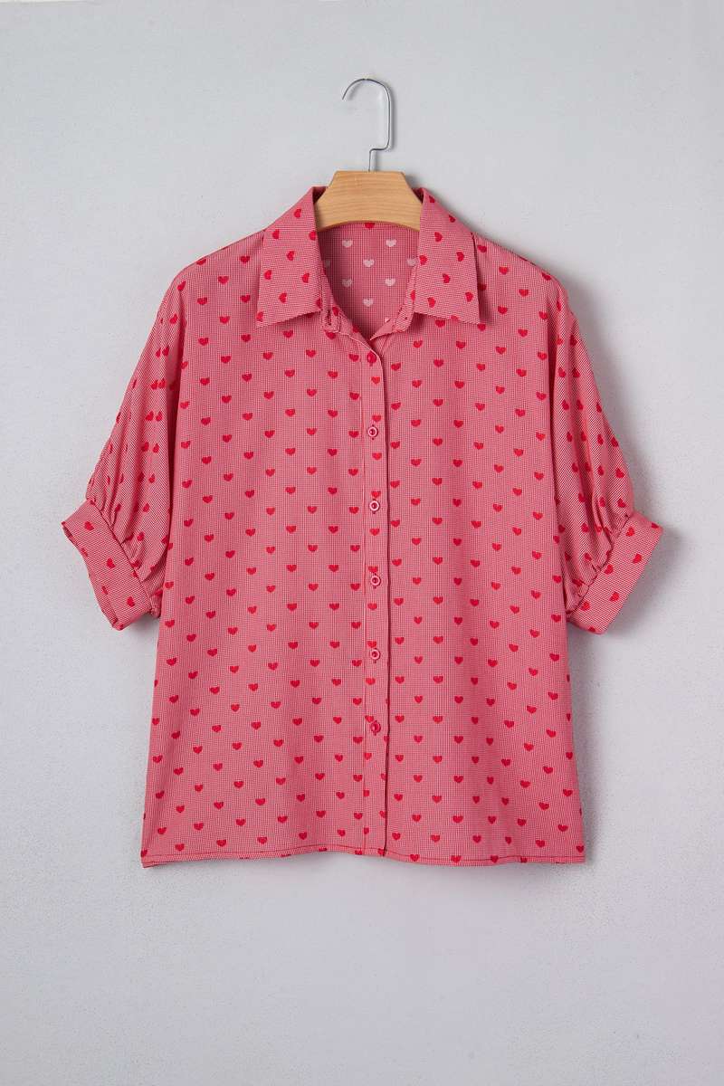Red Heart Shape Print Half Sleeve Loose Valentine Shirt