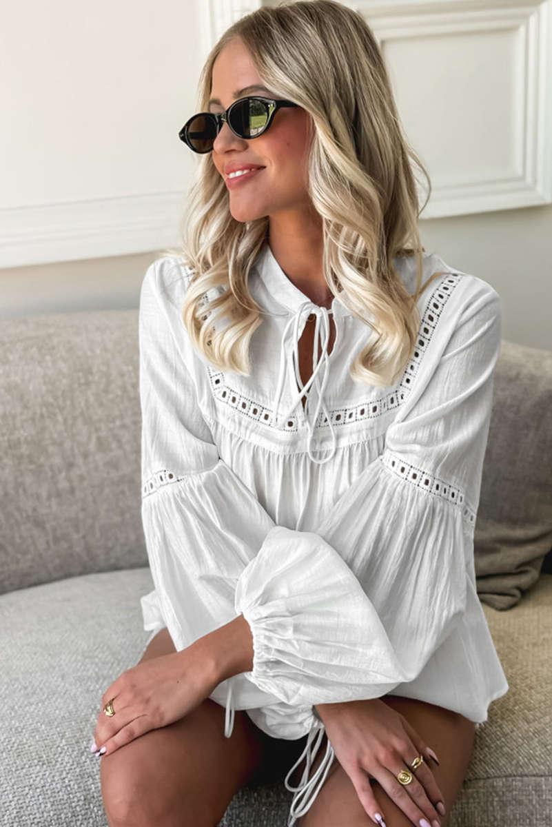 White Drawstring Lace Detail Puff Sleeve Split Neck Spring Fall Blouse