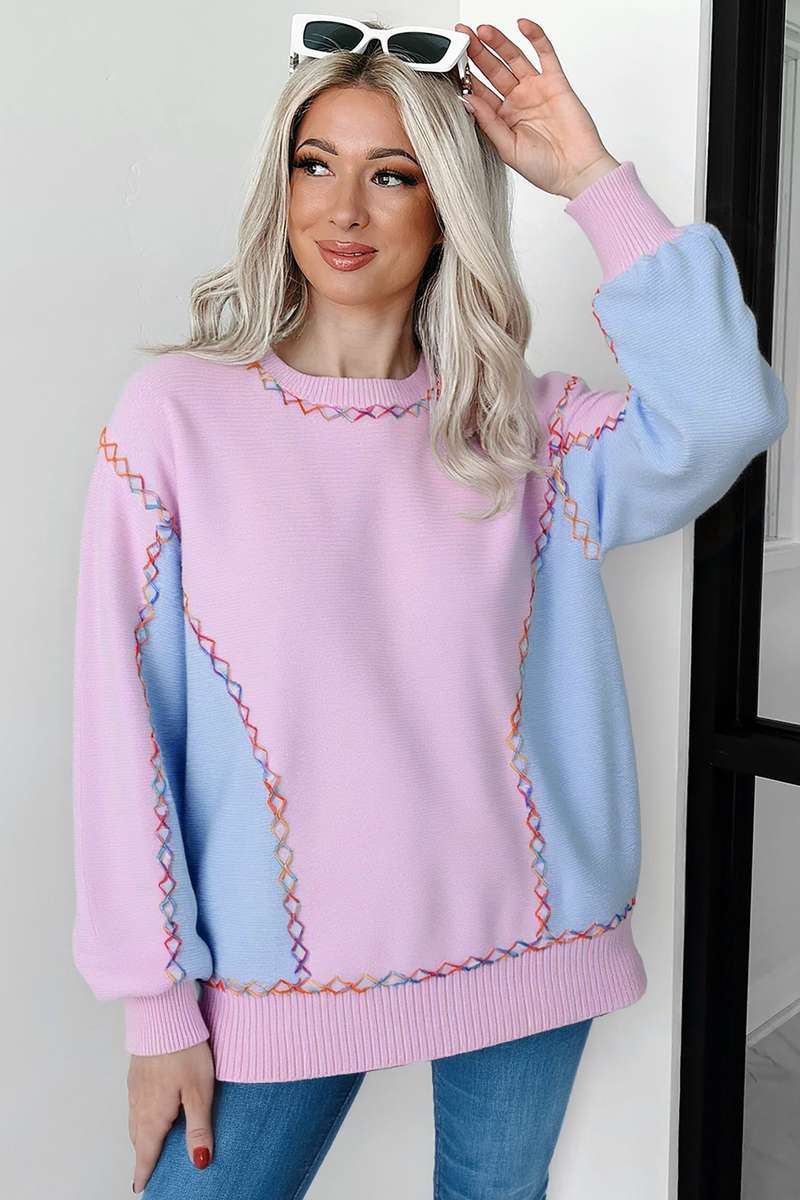 Orchid Bouquet Rainbow Stitching Balloon Sleeve Relaxed Sweater