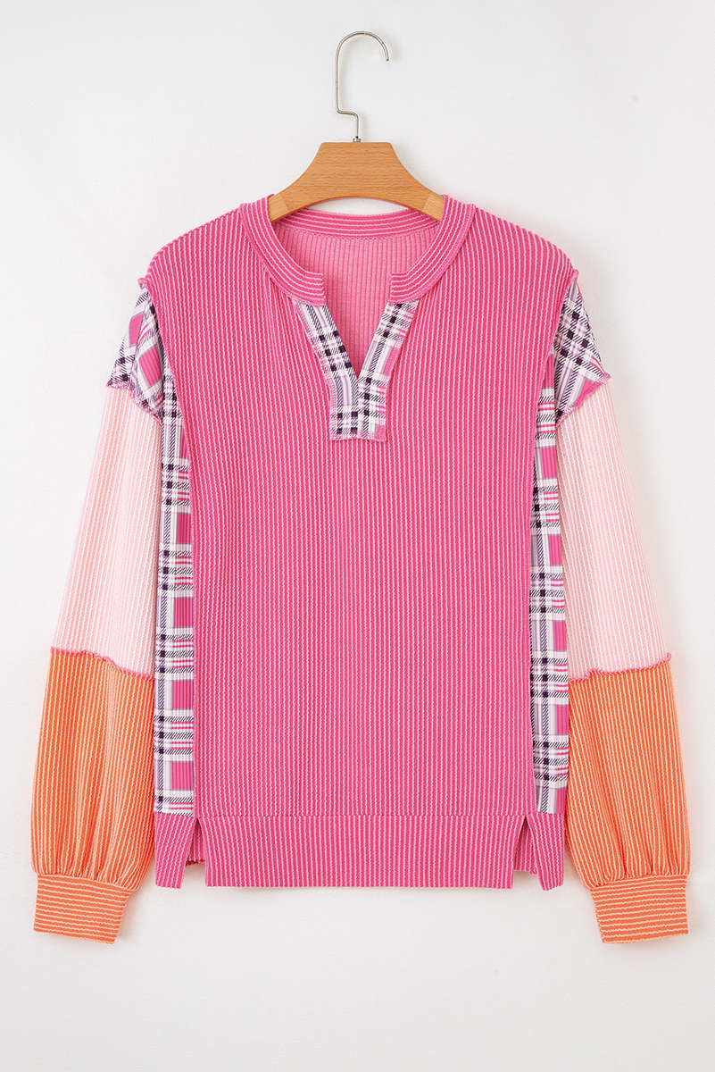 Rose Red Corded Texture Plaid Colorblock Patchwork Split Neck Long Sleeve Top