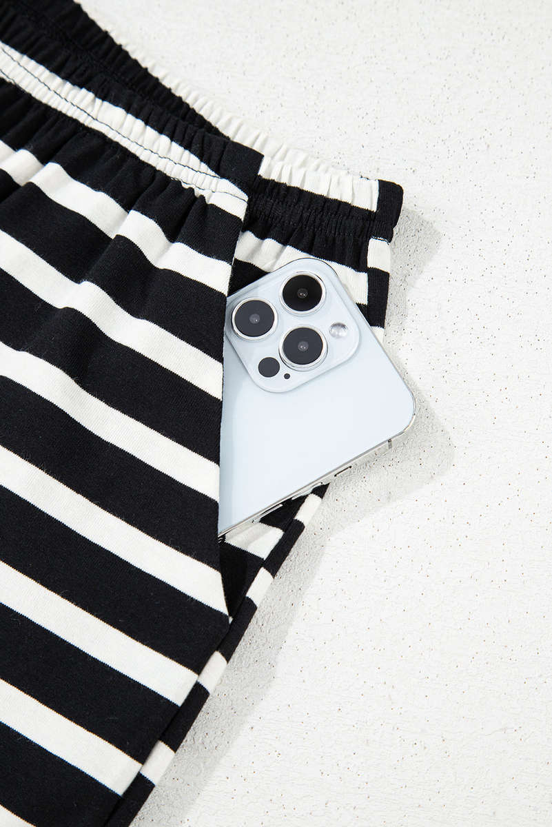 Black White Striped Short Sleeve Top and Shorts Set