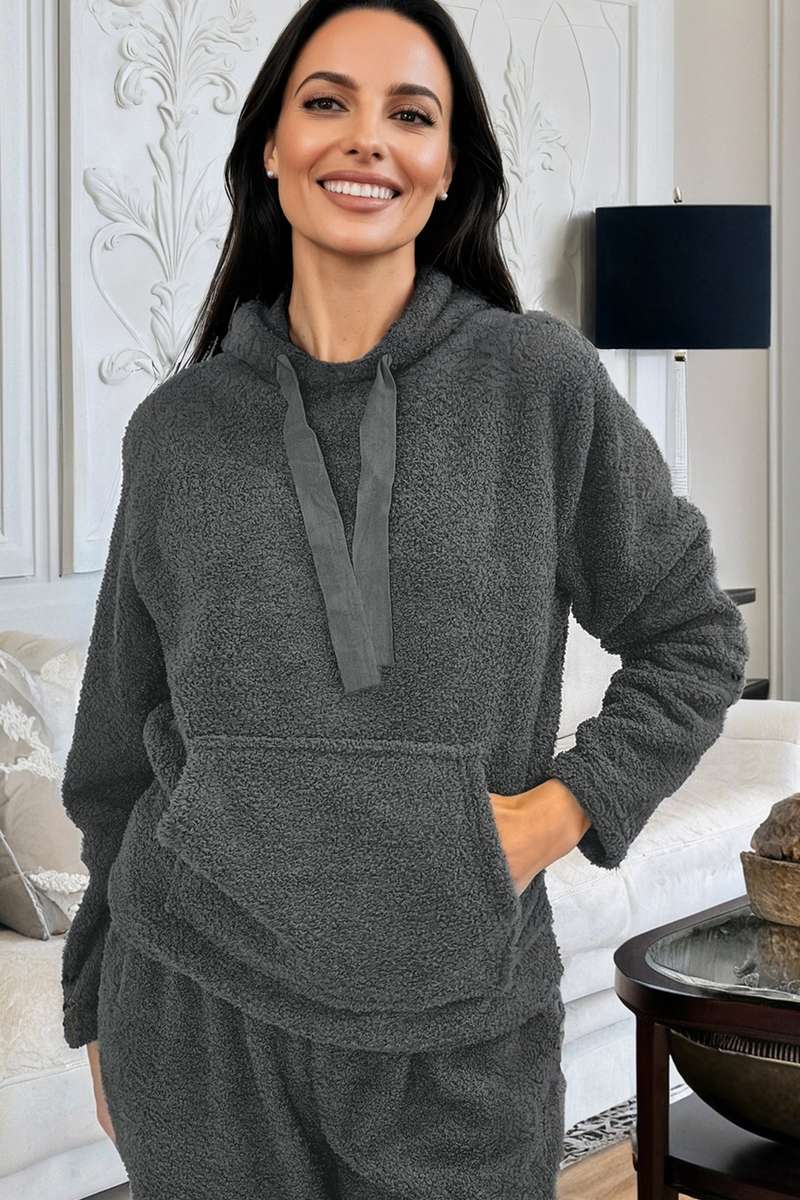Medium Grey Fuzzy Drawstring Hoodie Lounge Pants 2pcs Set