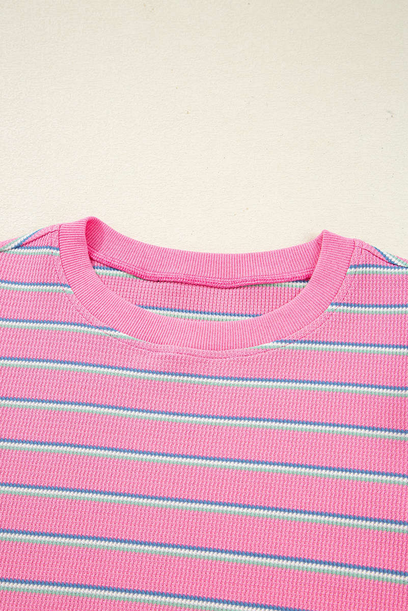 Rose Stripe Textured Knit Round Neck Long Sleeve Top
