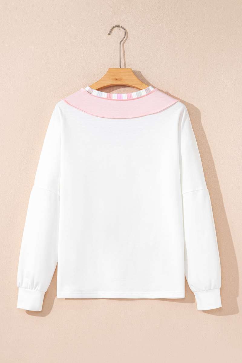 White Exposed Seam Rainbow Stripe Color Block V Neck Loose Long Sleeve Top
