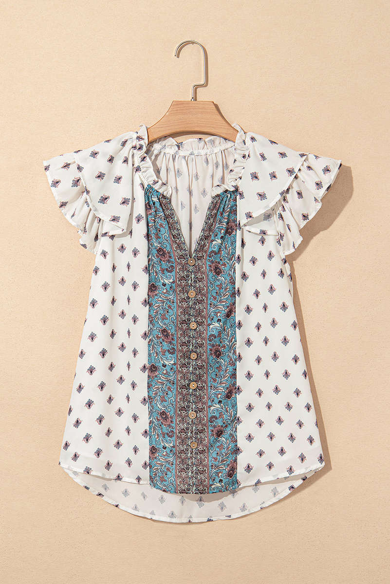 White Boho Pattern Tiered Ruffled Sleeve V Neck Buttoned Blouse
