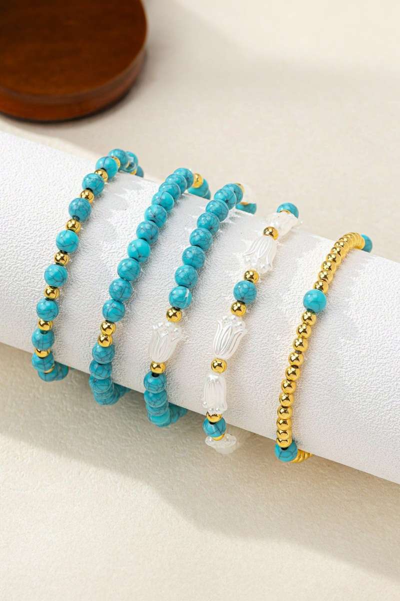 Turquoise Mixed Golden Beads Pearlish Detail 5pcs Bracelet Set