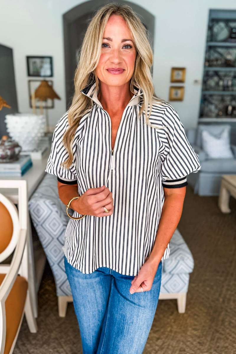 Black Stripe Polo Collar Half Zip Short Puff Sleeve Blouse