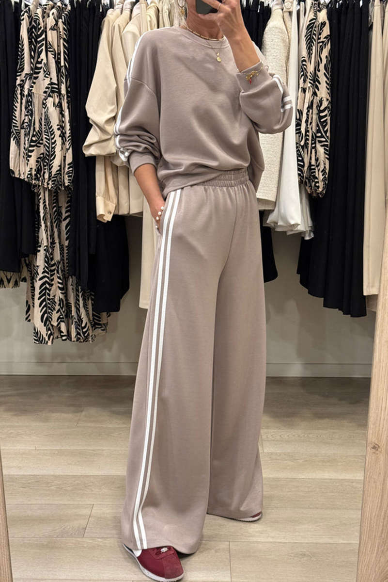 Gray Morn Varsity Striped Detail Crewneck Pullover Elastic Sweatpants 2pcs Outfit