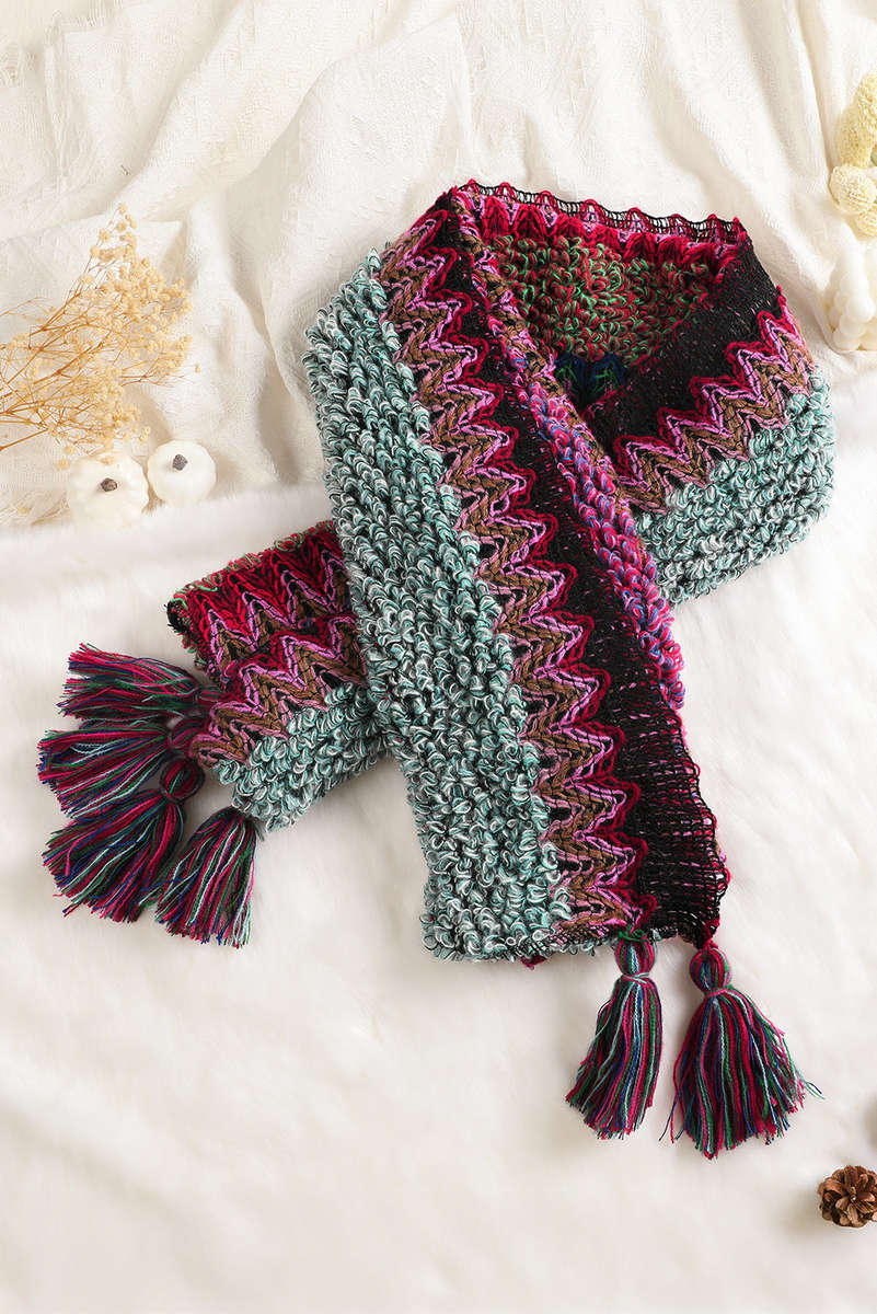 Rose Red Ethnic Knit Shawl Wrap Cape Sweater Thickened Tassel Poncho Cloak