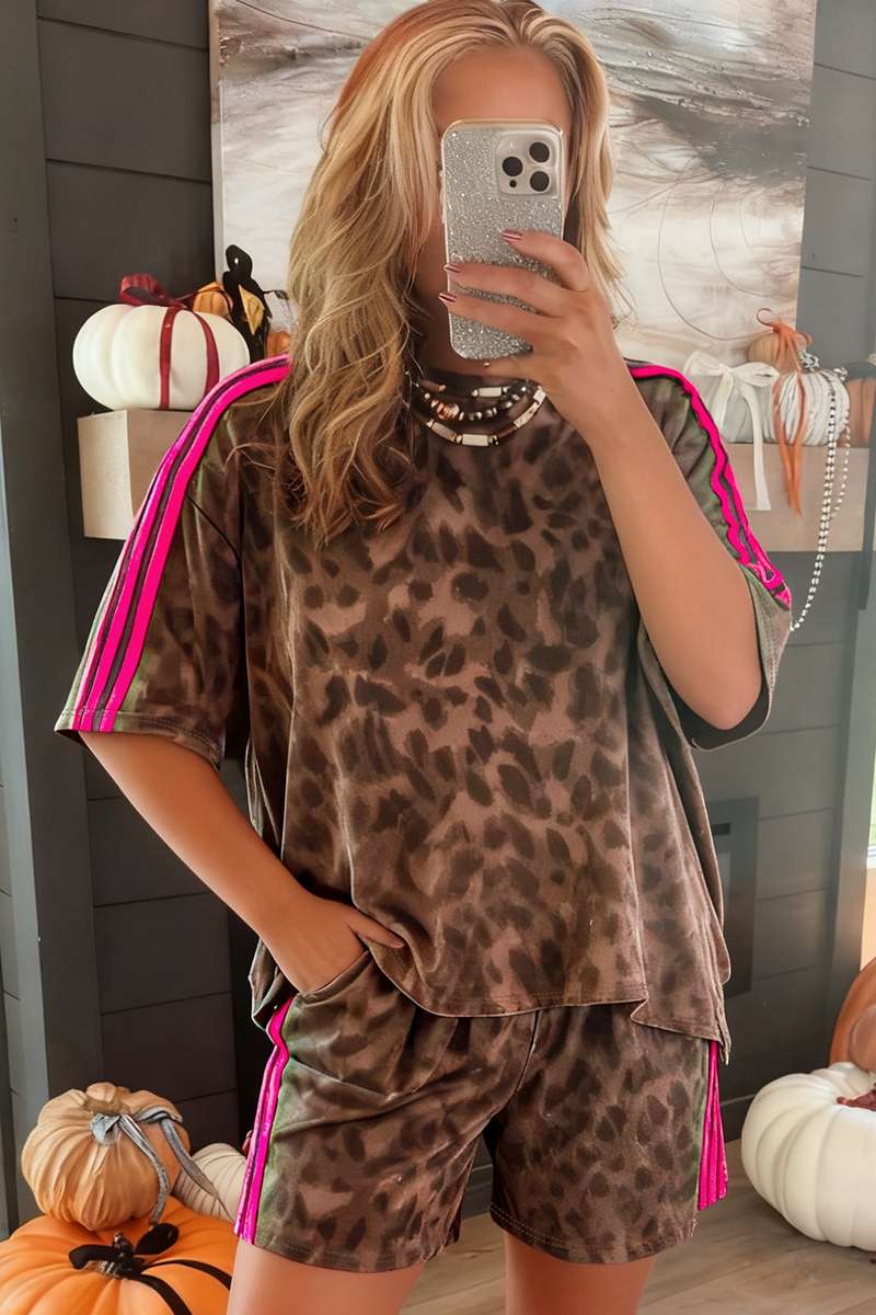 Brown Contrast Striped Accent Leopard Short Set