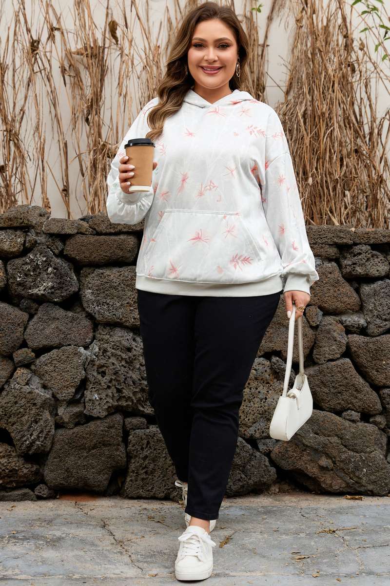 Gray Floral Print Plus Size Loose Hoodie