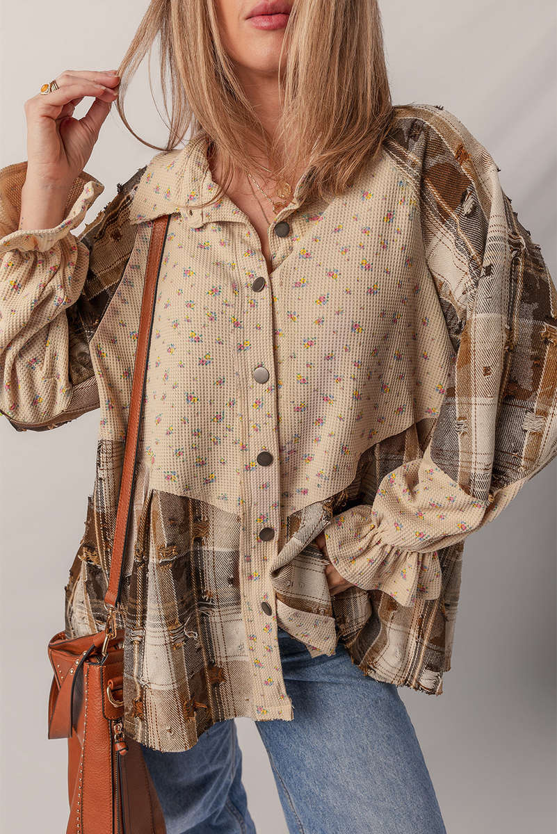 Oatmeal Boho Floral Plaid Patchwork Distressed Detail Ruffled Sleeve Waffle Knit Shacket