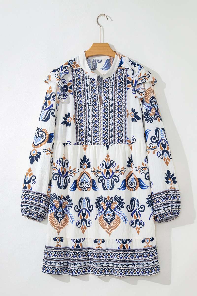 Sky Blue Plus Size Boho Print Split Neck Long Sleeve Mini Dress