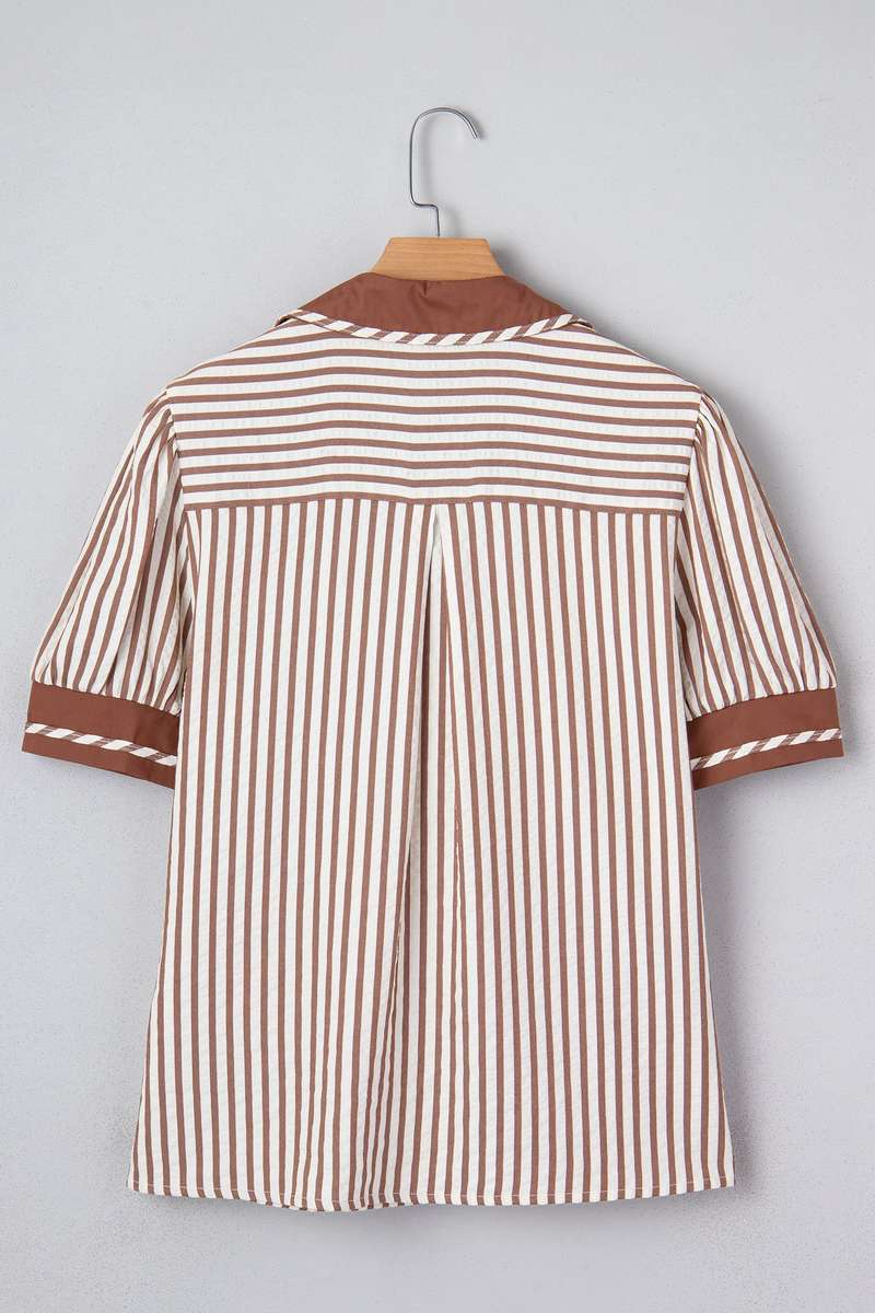 Khaki Stripe Collared Split Neck Short Bubble Sleeve Blouse