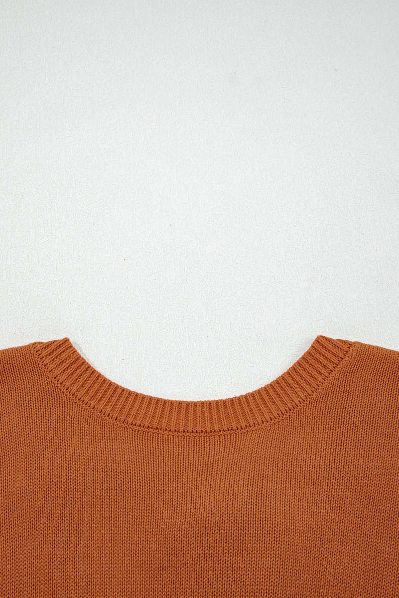 Gold Flame Solid Color Ribbed Trim Drop Shoulder Sweater