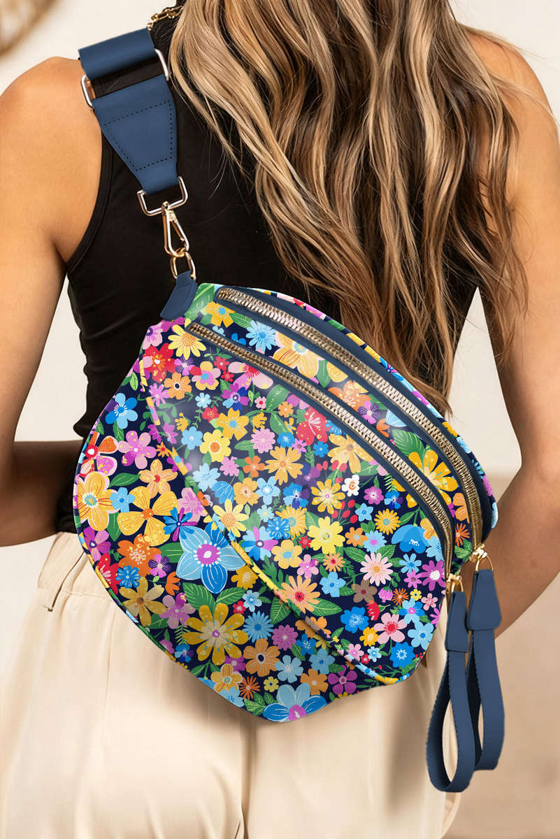 Black Floral Printed Double Zip Crossbody Bag