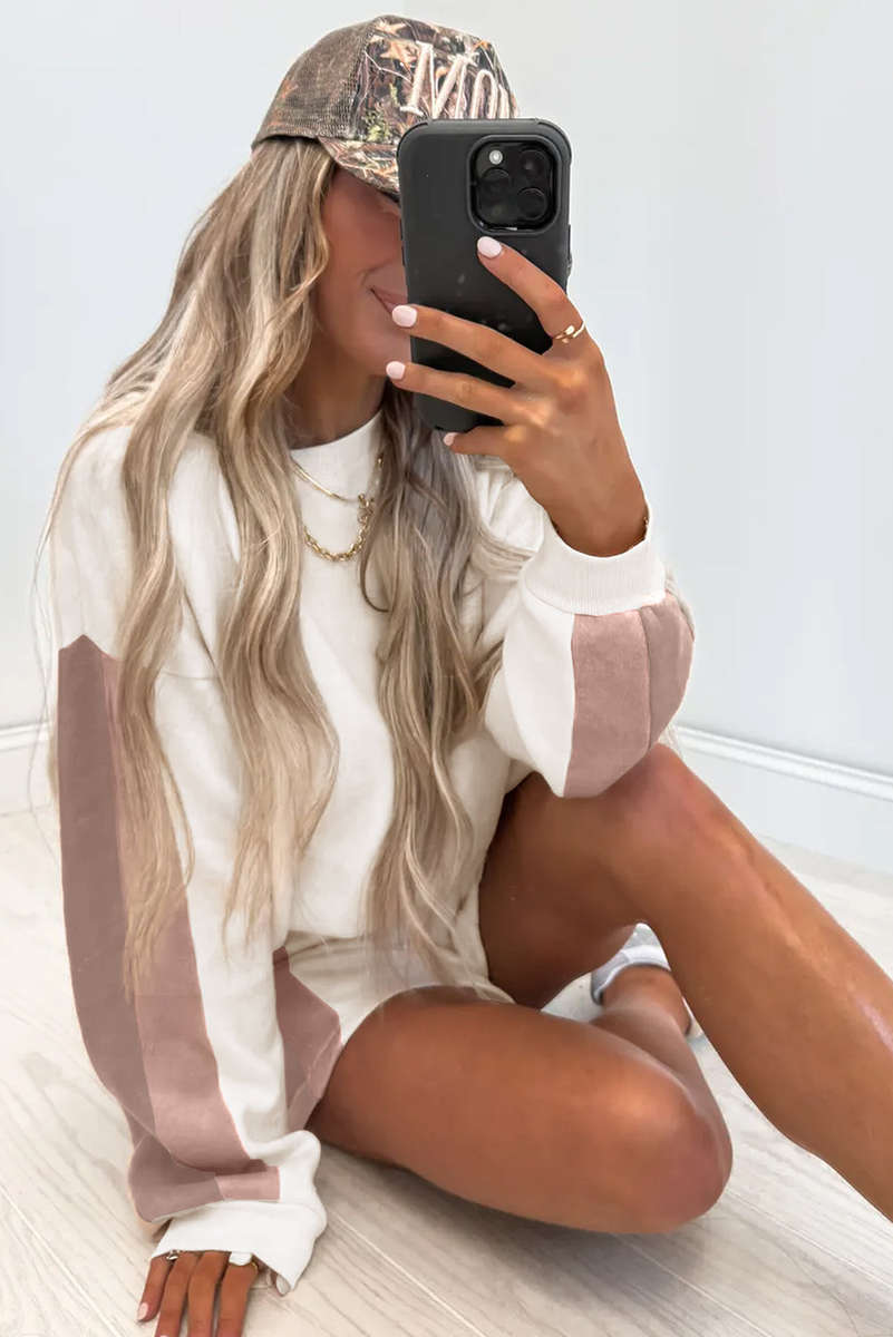 White Color Block Patchwork Drop Shoulder Pullover Casual Shorts 2pcs Outfit