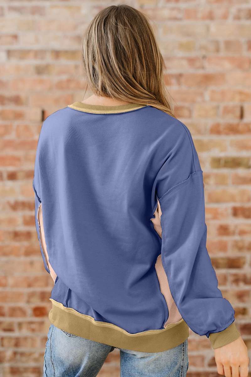 Wild Wind Color Block Mix Texture Waffle Patchwork Oversize Sweatshirt