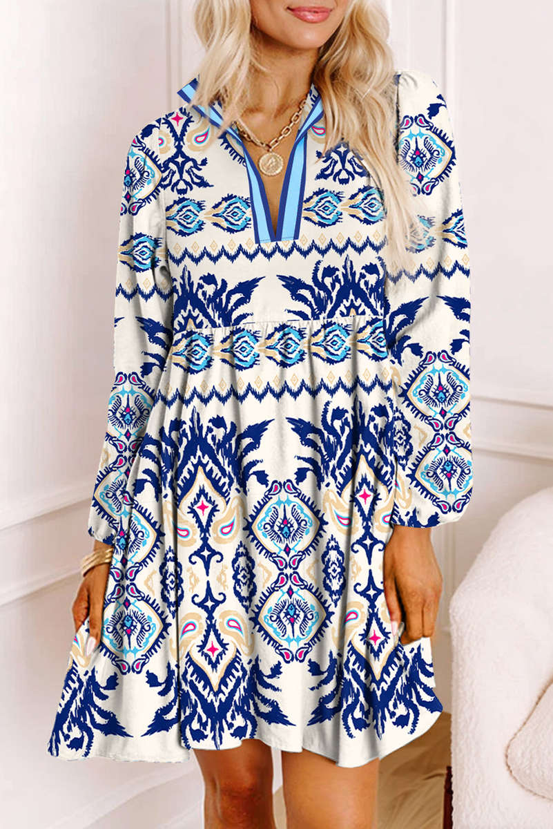 Blue Ethnic Print Striped Split Neck Long Sleeve Flowy Mini Dress