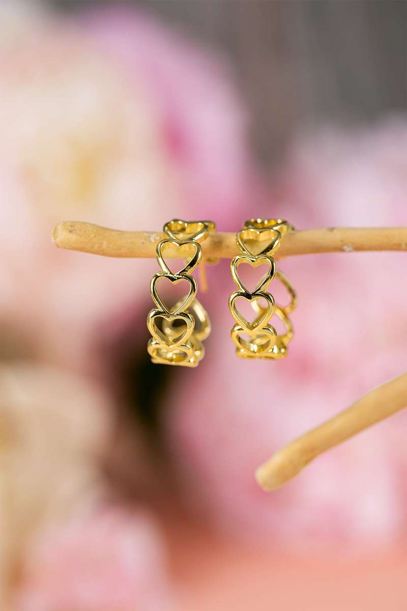 Gold Plated Heart Link Hoop Stud Earrings