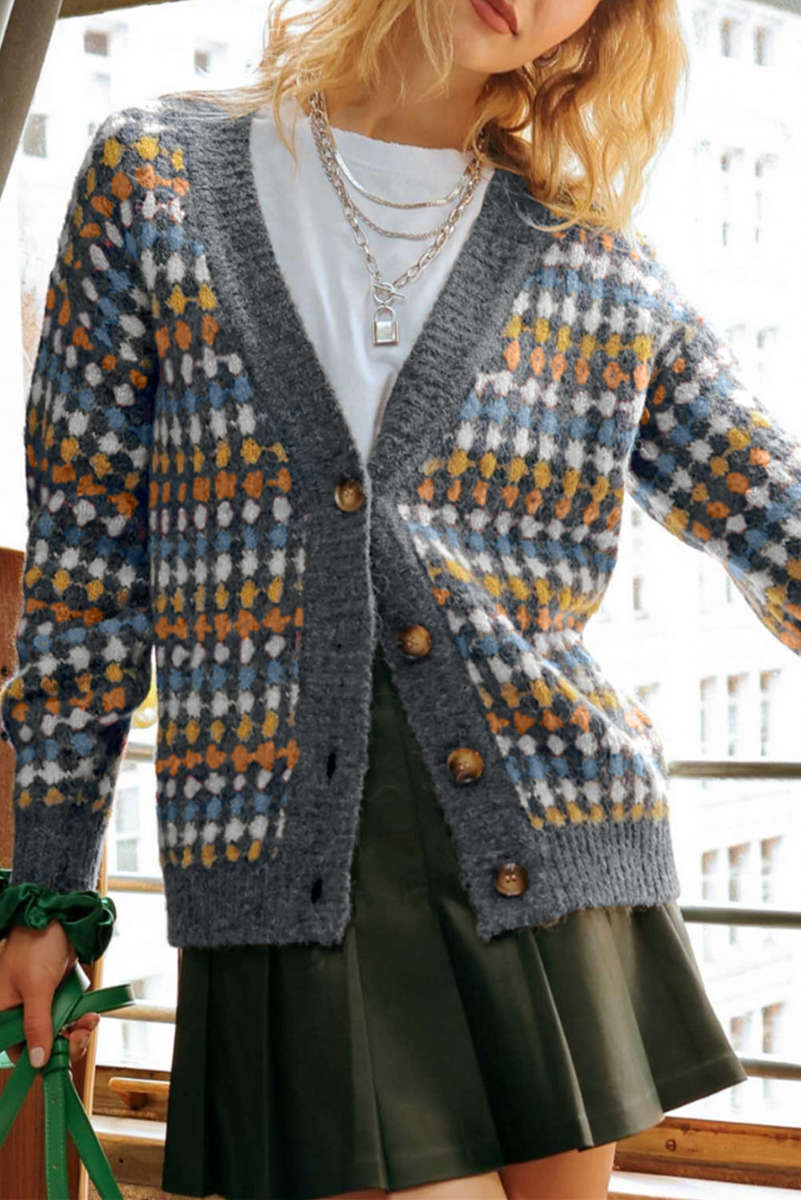 Gray Dotty Pattern Knit Button Front V Neck Sweater Cardigan