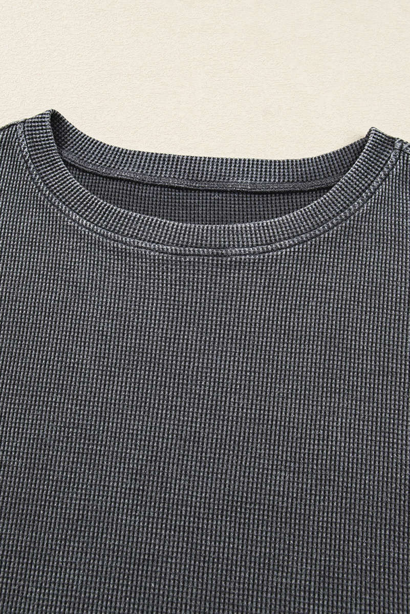 Dark Grey Waffle Knit Patchwork Long Sleeve Loose Top