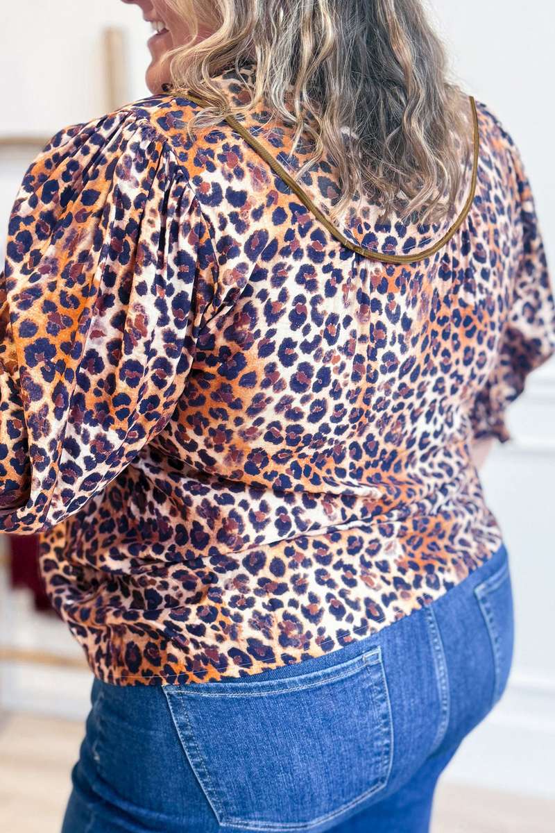 Brown Plus Size Leopard Frilled Stand Neck Blouse