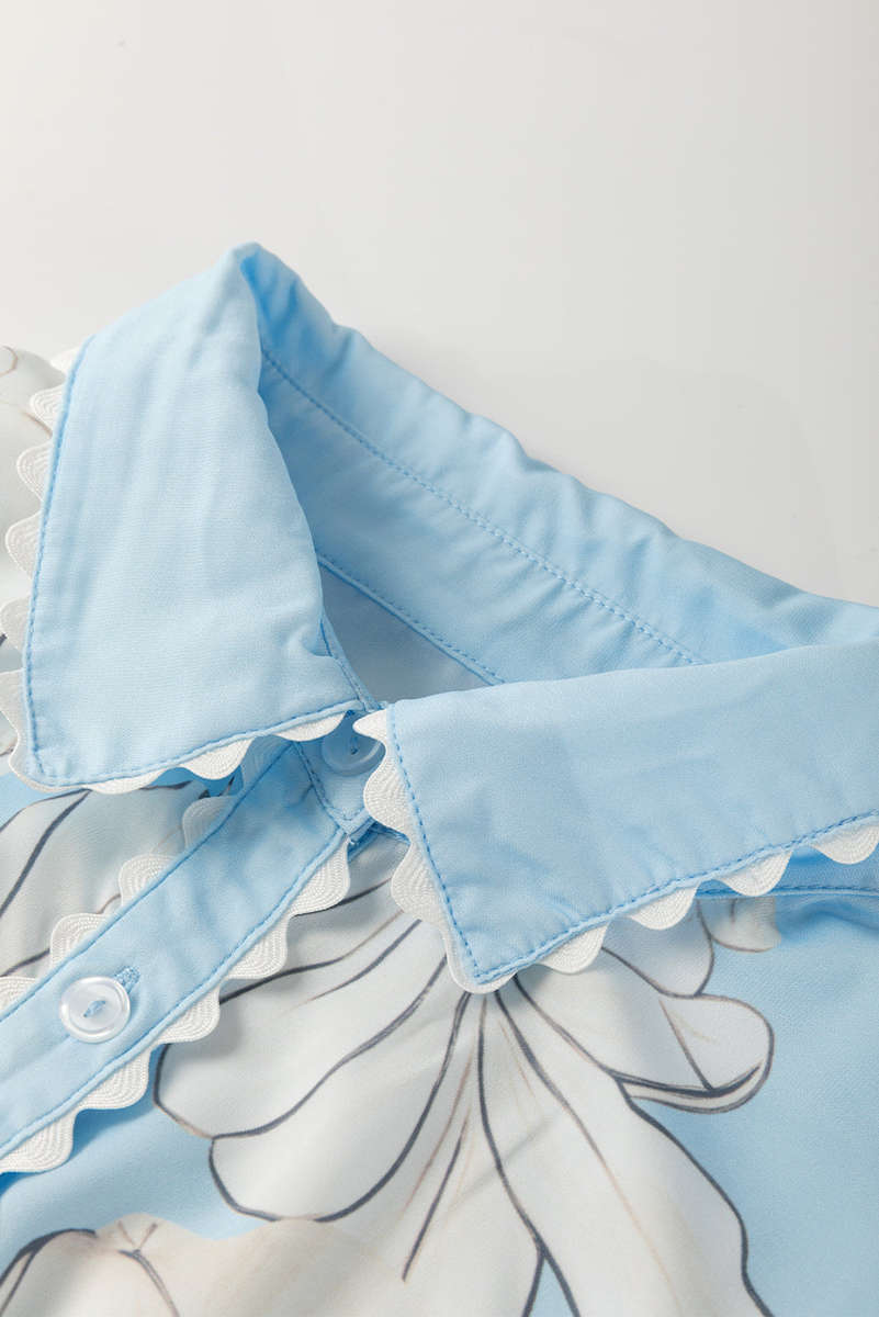 Sky Blue Floral Ric Rac Edge Puff Sleeve Button Up Summer Shirt