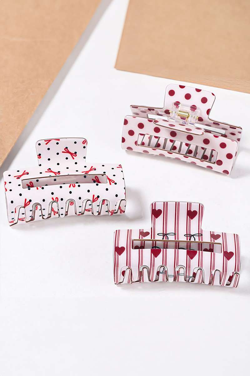 Fiery Red Striped Heart Contrast Bow Printed Rectangle Hair Claw Clip