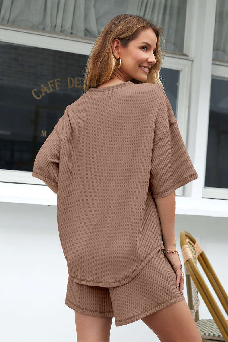 Chestnut Solid Color Waffled V Neck Loose Tee Drawstring Shorts Set