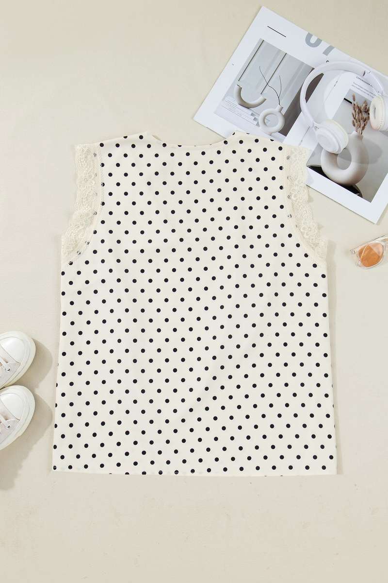 Apricot Plus Size Polka Dot Print Lace Trim V Neck Sleeveless Top