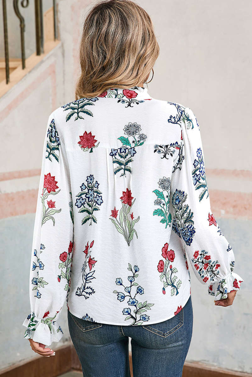White Floral Print Frilled Collar V Neck Button Down Long Sleeve Shirt