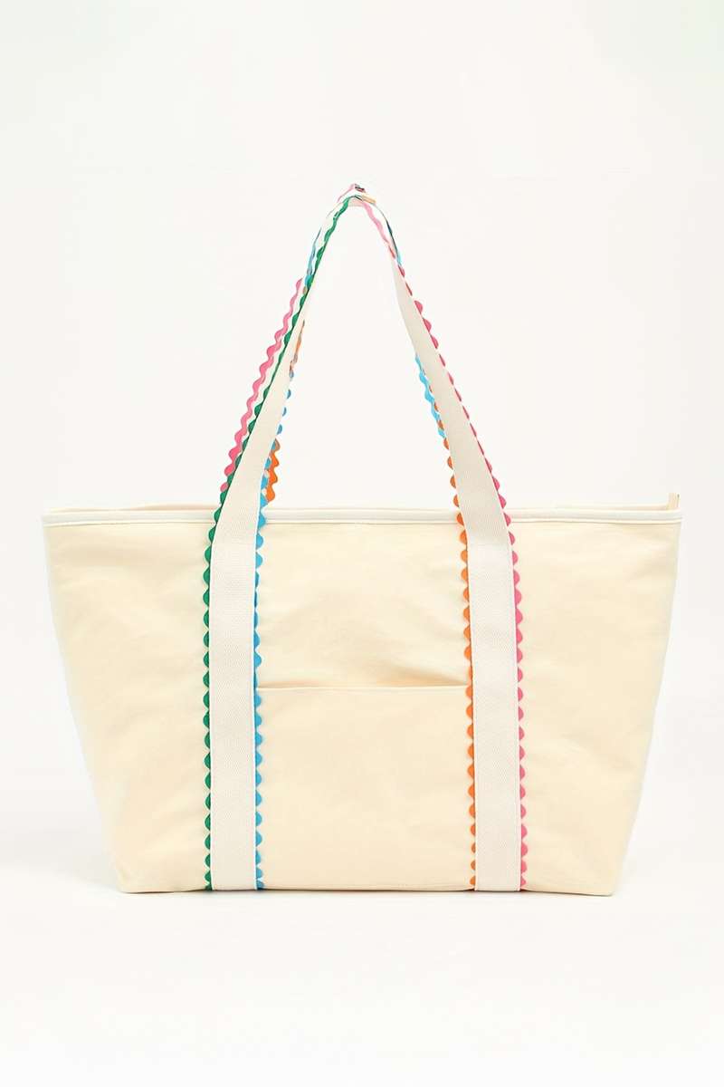 White Colorful Ricrac Detail Canvas Tote Bag