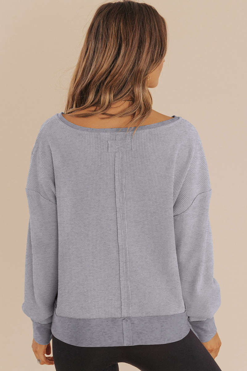 Gray Waffle Knit Notched V Neck Drop Shoulder Solid Sweatshirt
