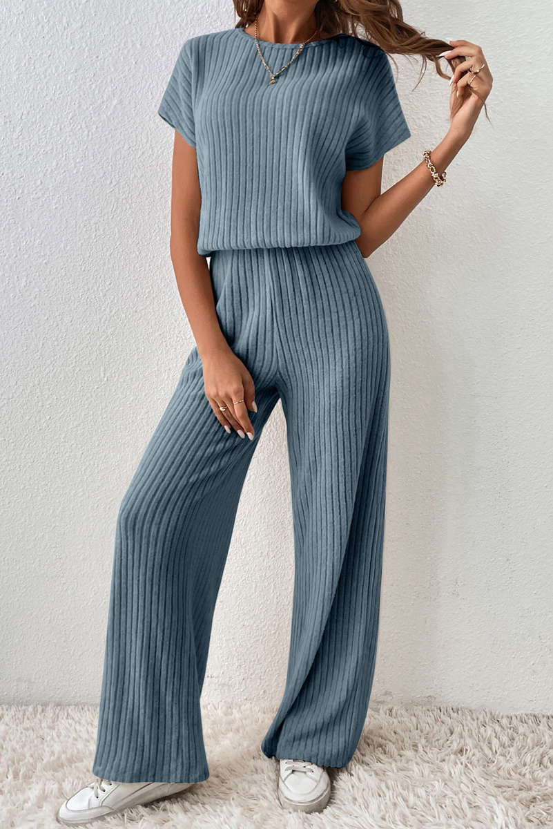 Dusk Blue Ribbed Keyhole Short Sleeve Wide Leg Jumpsuit