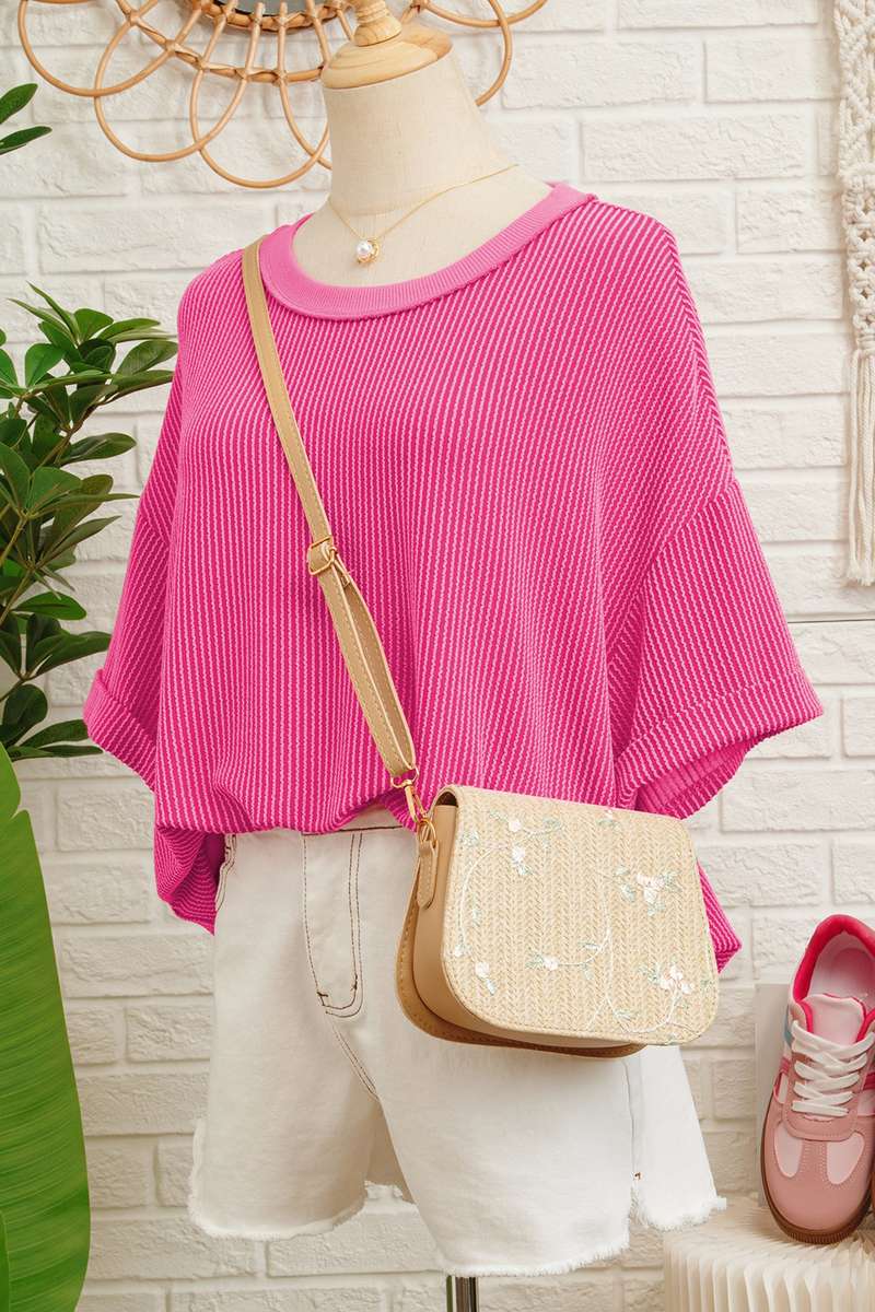 Rose Red Spiral Ribbed Cutout Bow Knot Back Oversize T Shirt