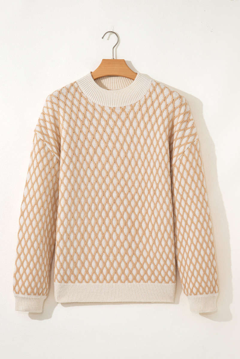 Smoke Gray Rhombus Textured Knit Mock Neck Sweater