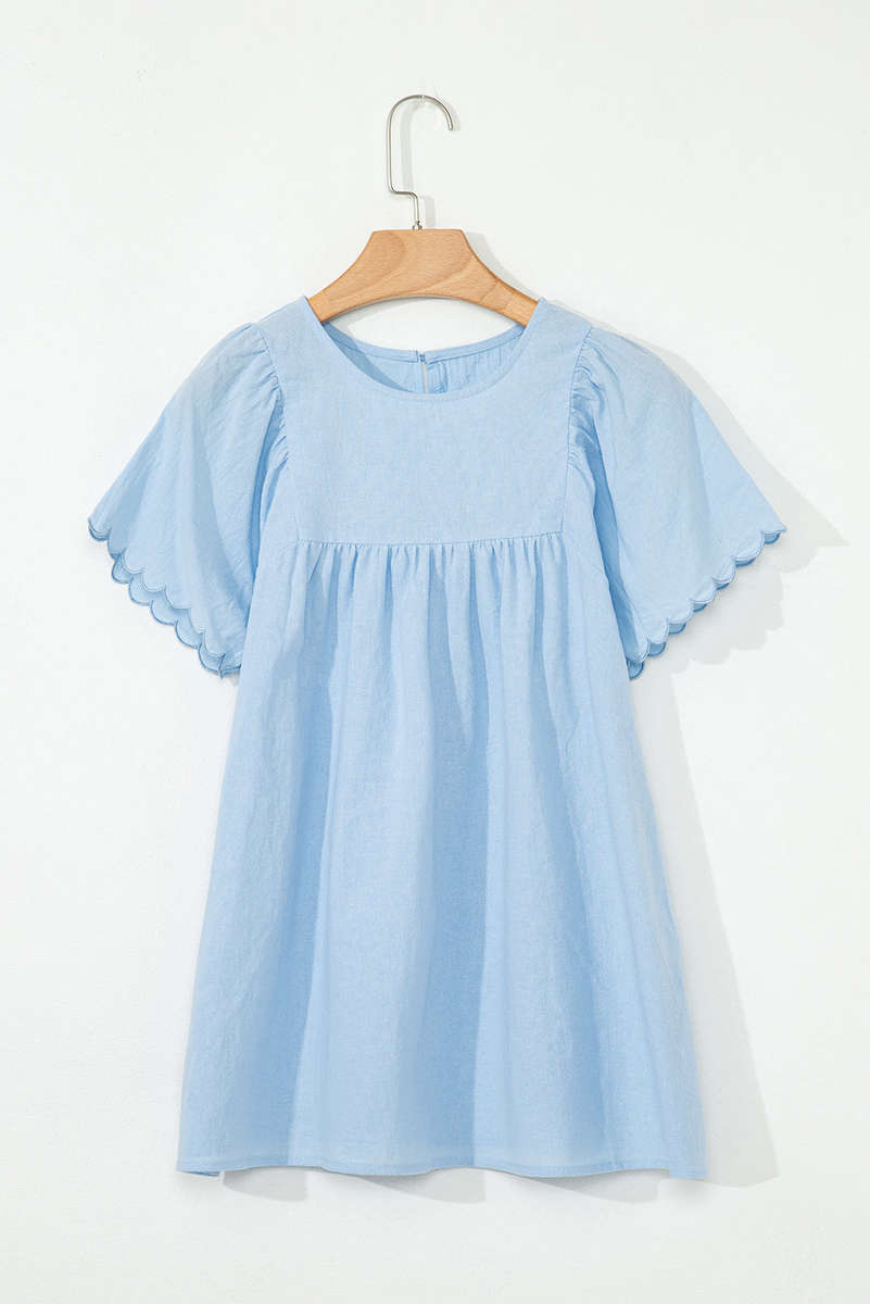 Beau Blue Solid Color Embroidered Scalloped Sleeves Crew Neck Blouse